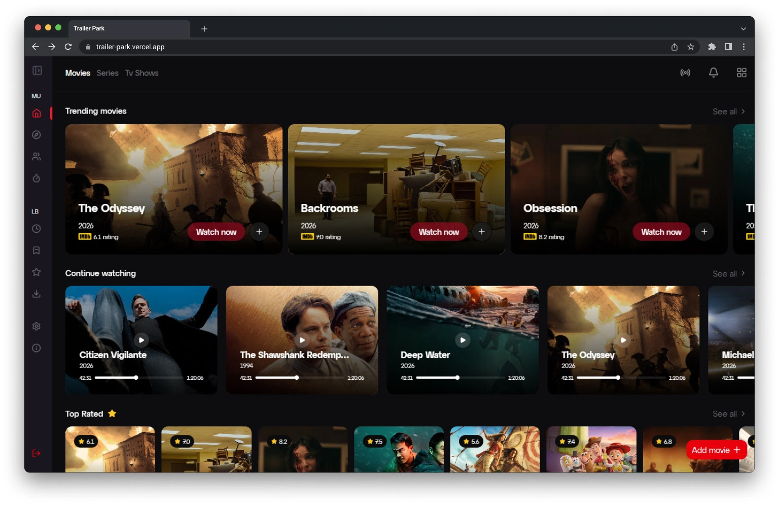 Screenshot of Trailer Park media discovery app